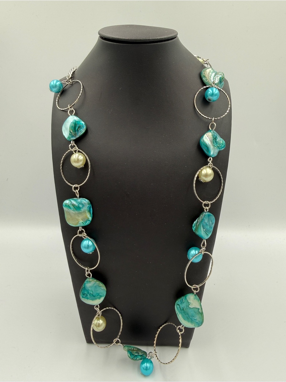 Turquoise Glass Bead & Pearl Link Necklace - Women Jewelry